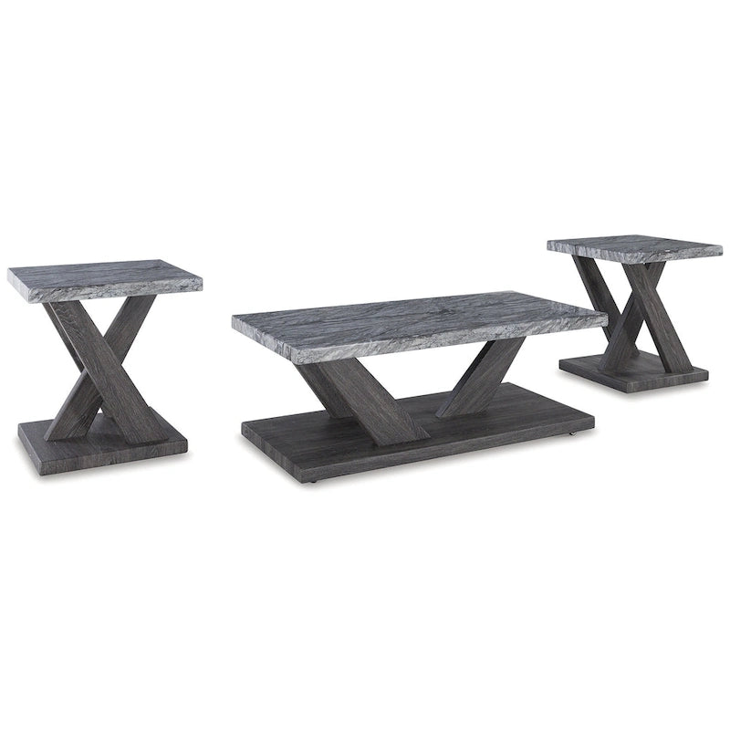 Ensemble de 3 tables basses et bouts de canapé en faux marbre gris avec roulettes