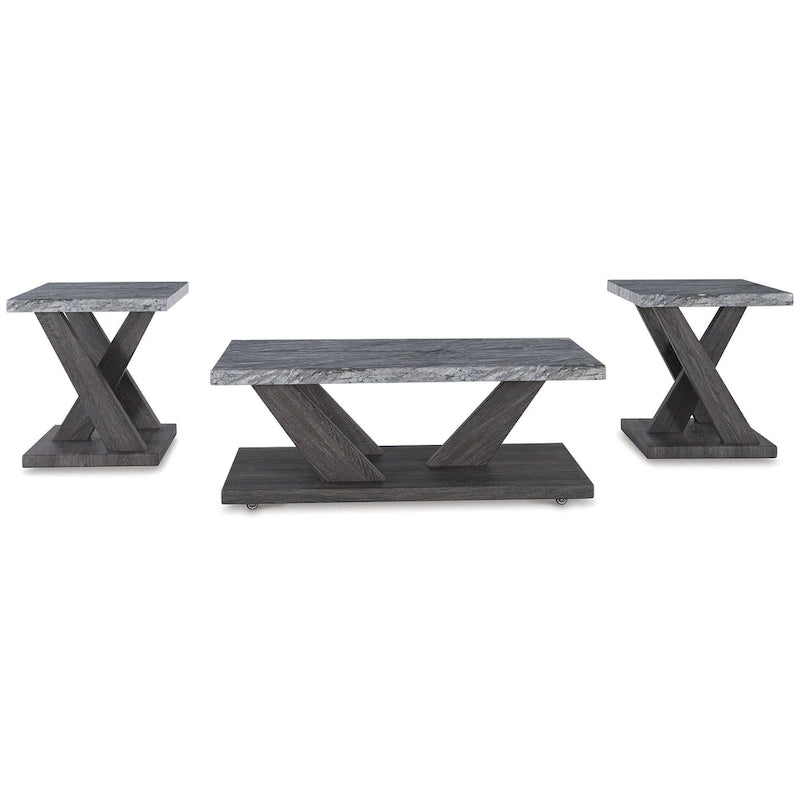 Ensemble de 3 tables basses et bouts de canapé en faux marbre gris avec roulettes
