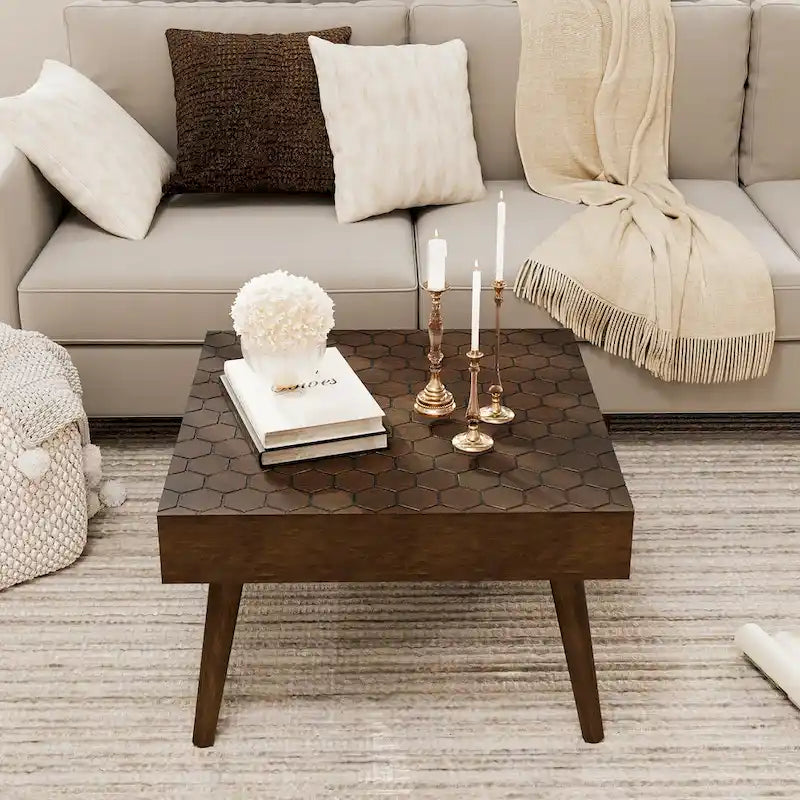 Table basse carrée rustique en bois massif avec texture alvéolée – 24"L x 24"l