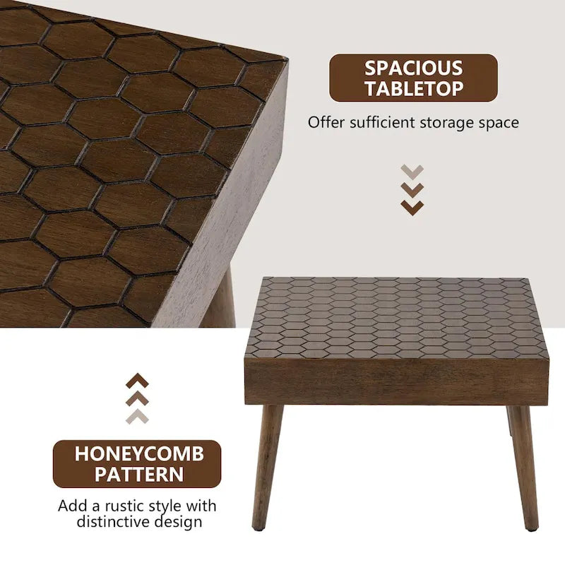 Table basse carrée rustique en bois massif avec texture alvéolée – 24"L x 24"l