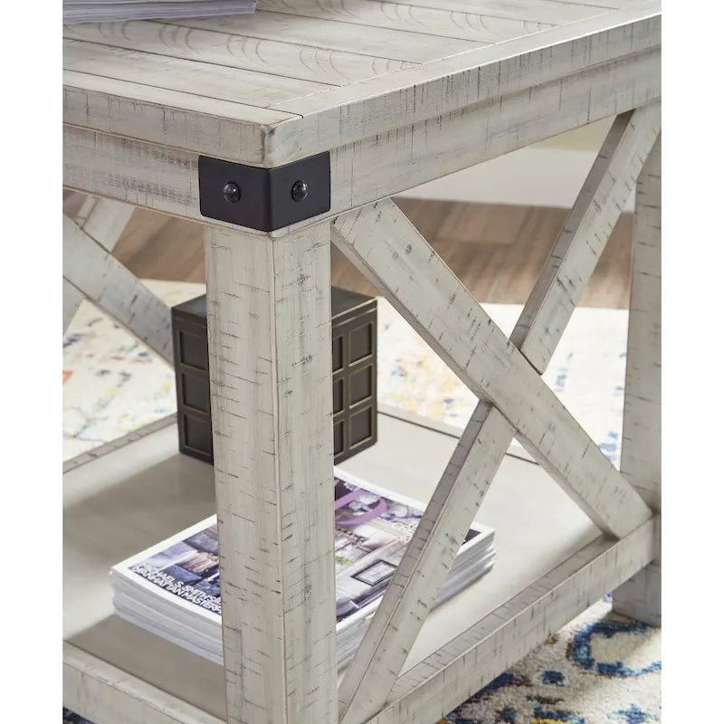 Bout de canapé rectangulaire style ferme rustique avec motif en X