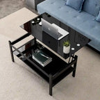Table basse relevable en verre noir avec rangement dissimulé