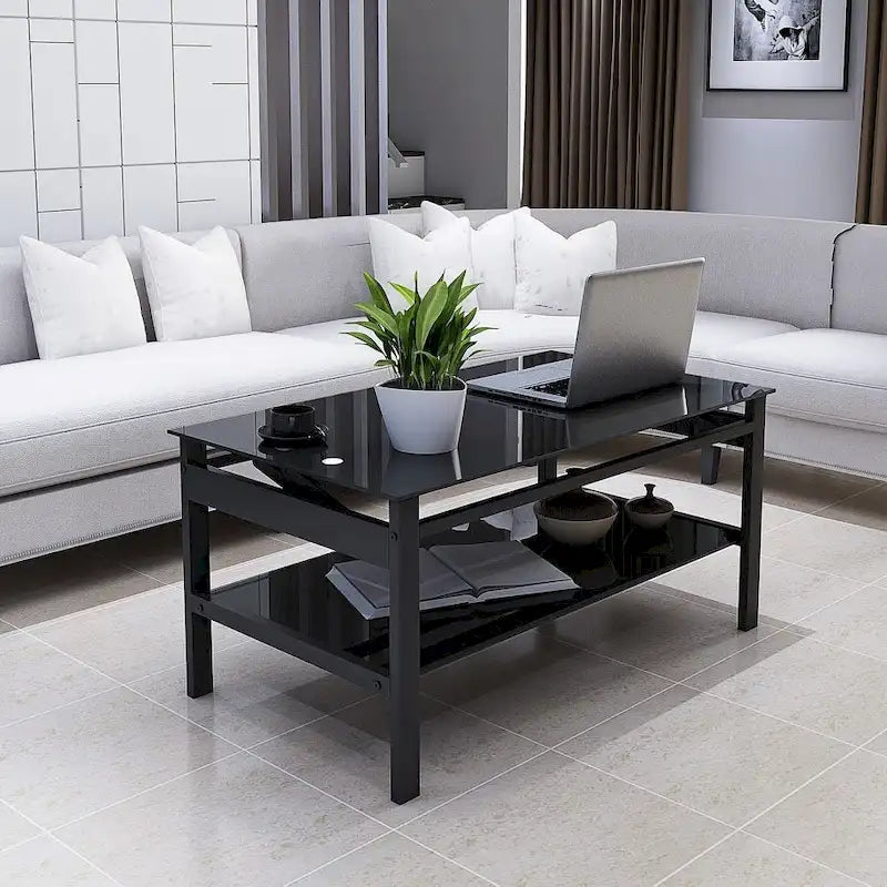 Table basse relevable en verre noir avec rangement dissimulé