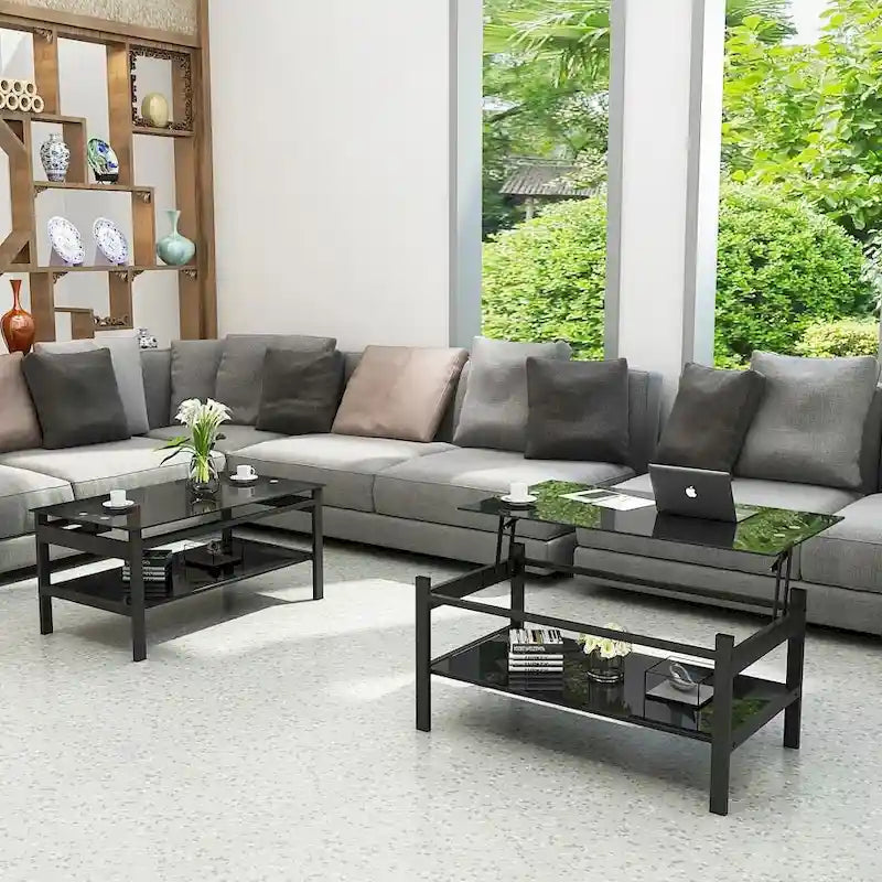 Table basse relevable en verre noir avec rangement dissimulé