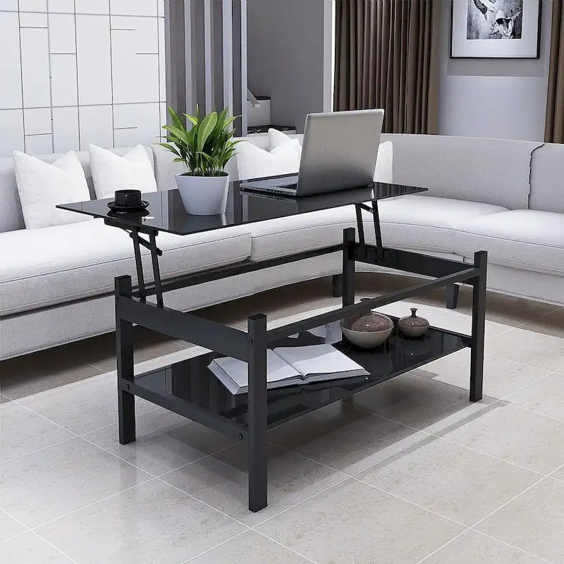 Table basse relevable en verre noir avec rangement dissimulé