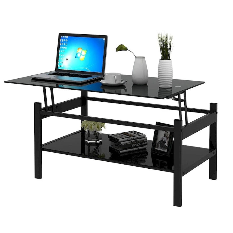Table basse relevable en verre noir avec rangement dissimulé
