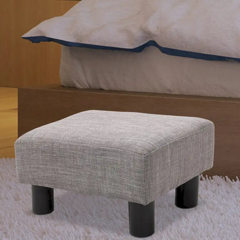 Repose-pieds ottoman rectangulaire en lin gris moderne avec cadre en bois