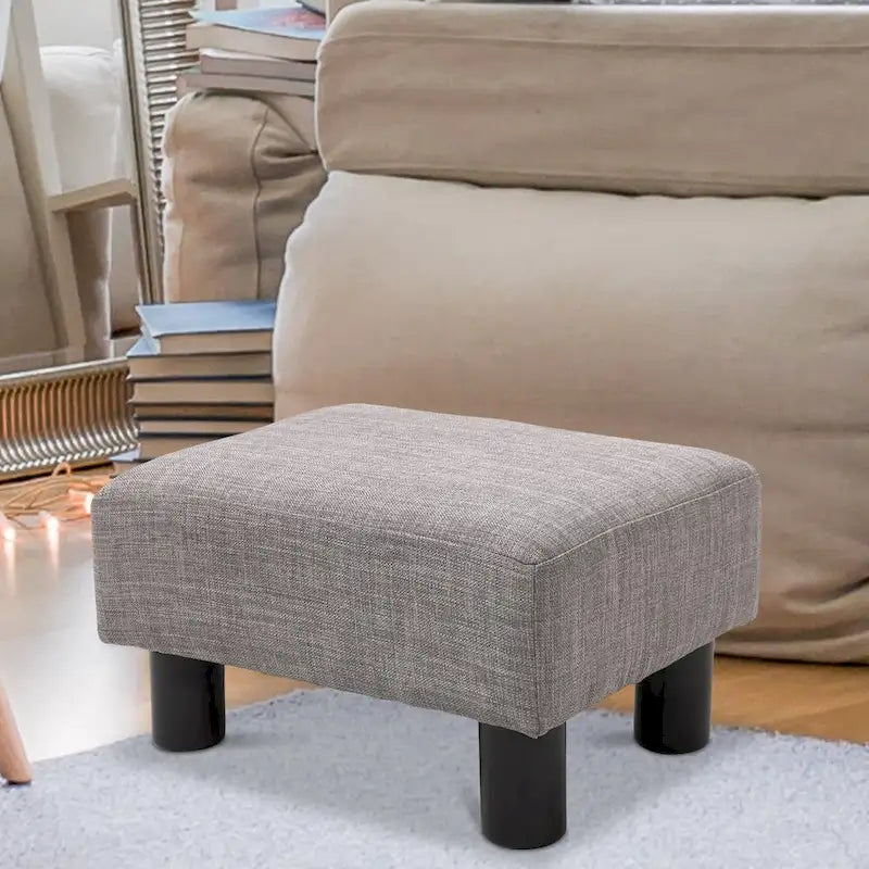 Repose-pieds ottoman rectangulaire en lin gris moderne avec cadre en bois