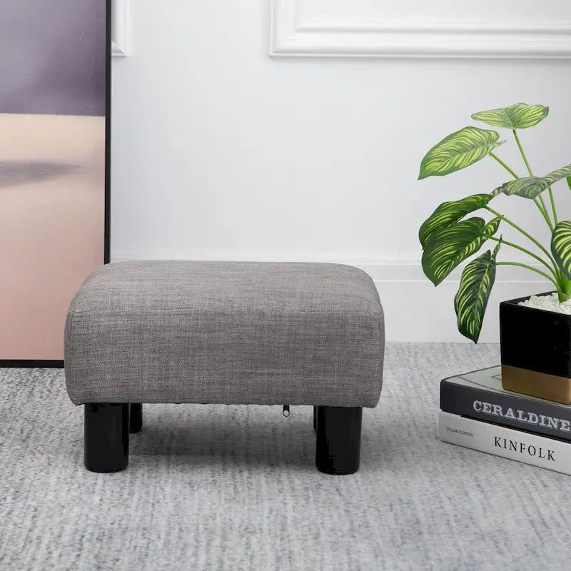 Repose-pieds ottoman rectangulaire en lin gris moderne avec cadre en bois