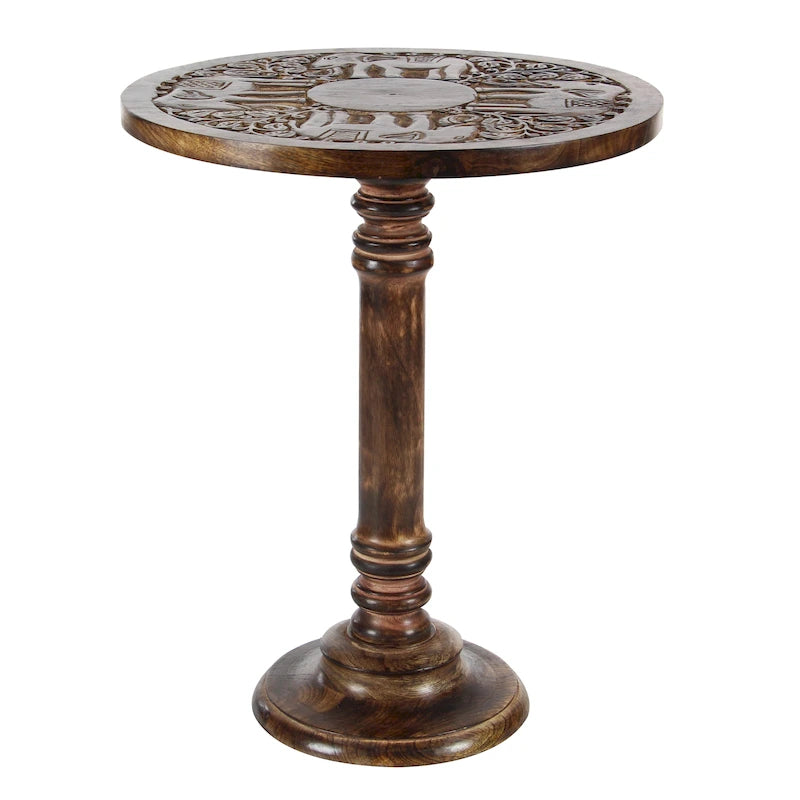 Table d'appoint sculptée à la main en bois de manguier – Motif éléphant ou floral