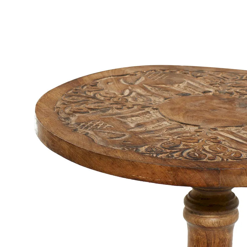 Table d'appoint sculptée à la main en bois de manguier – Motif éléphant ou floral