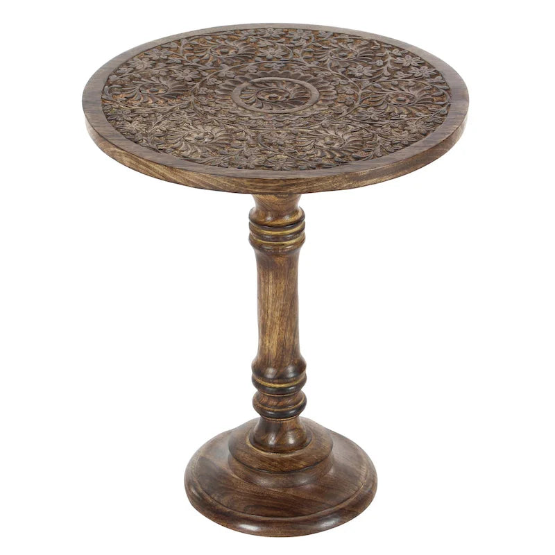 Table d'appoint sculptée à la main en bois de manguier – Motif éléphant ou floral