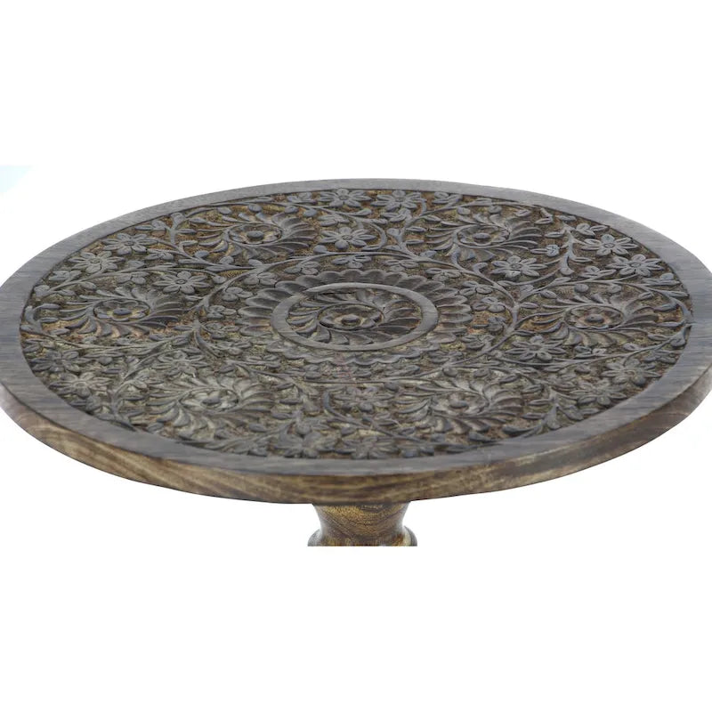 Table d'appoint sculptée à la main en bois de manguier – Motif éléphant ou floral