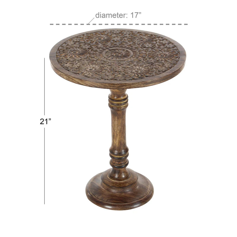 Table d'appoint sculptée à la main en bois de manguier – Motif éléphant ou floral