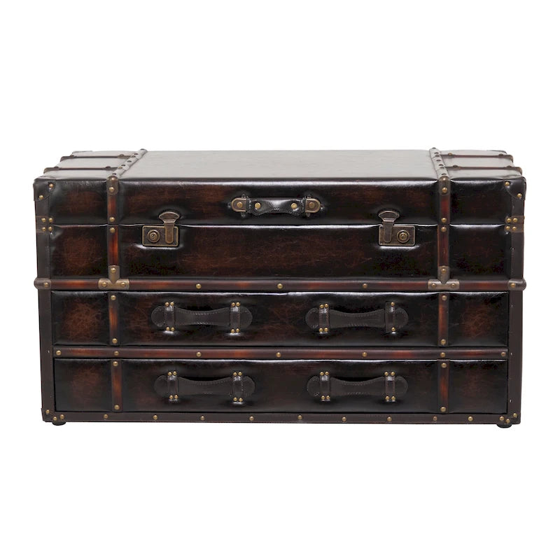 Table basse coffre avec 2 tiroirs et couvercle articulé à boucles – Similicuir ou lin
