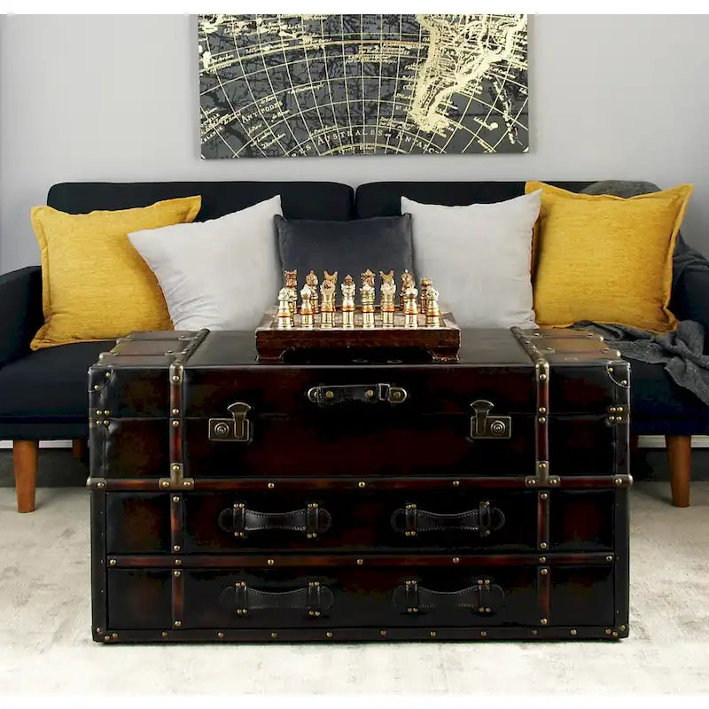 Table basse coffre avec 2 tiroirs et couvercle articulé à boucles – Similicuir ou lin