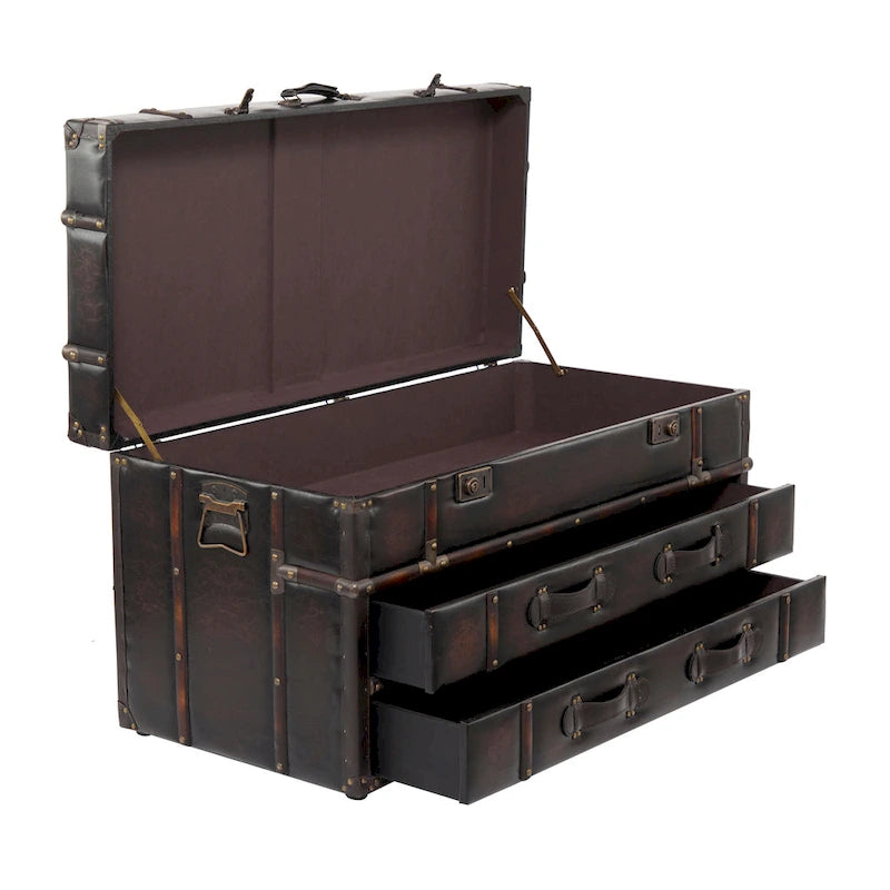 Table basse coffre avec 2 tiroirs et couvercle articulé à boucles – Similicuir ou lin