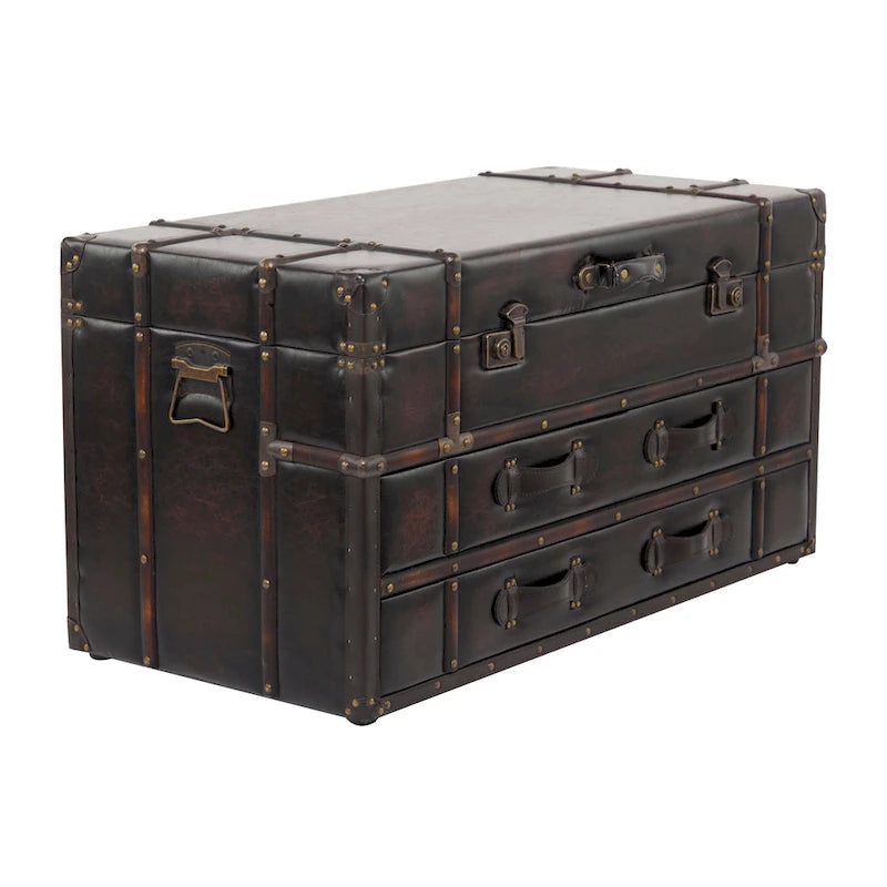 Table basse coffre avec 2 tiroirs et couvercle articulé à boucles – Similicuir ou lin