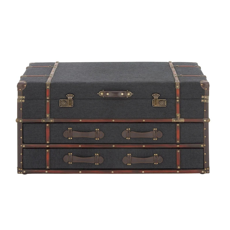 Table basse coffre avec 2 tiroirs et couvercle articulé à boucles – Similicuir ou lin