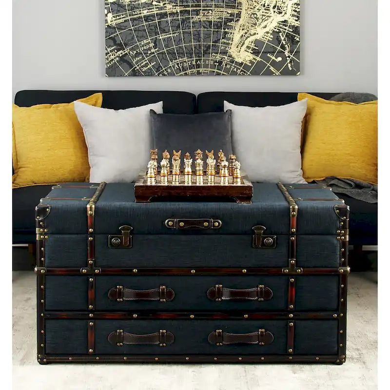 Table basse coffre avec 2 tiroirs et couvercle articulé à boucles – Similicuir ou lin