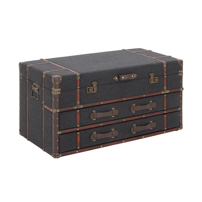 Table basse coffre avec 2 tiroirs et couvercle articulé à boucles – Similicuir ou lin