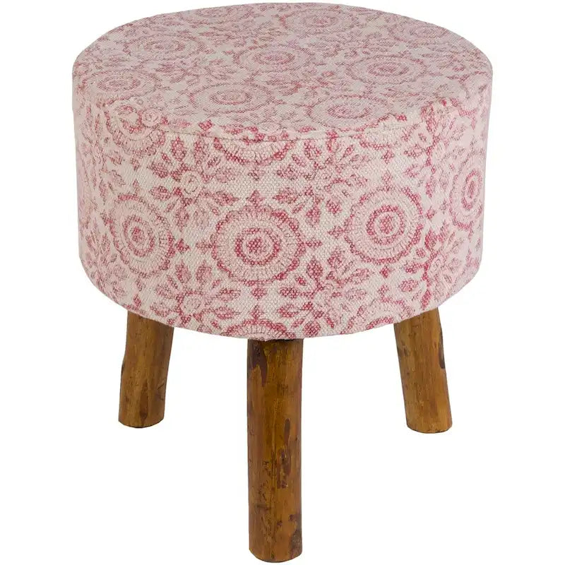 Tabouret en bois à trois pieds rembourré en coton rose de style bohème