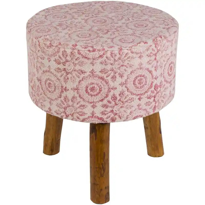 Tabouret en bois à trois pieds rembourré en coton rose de style bohème
