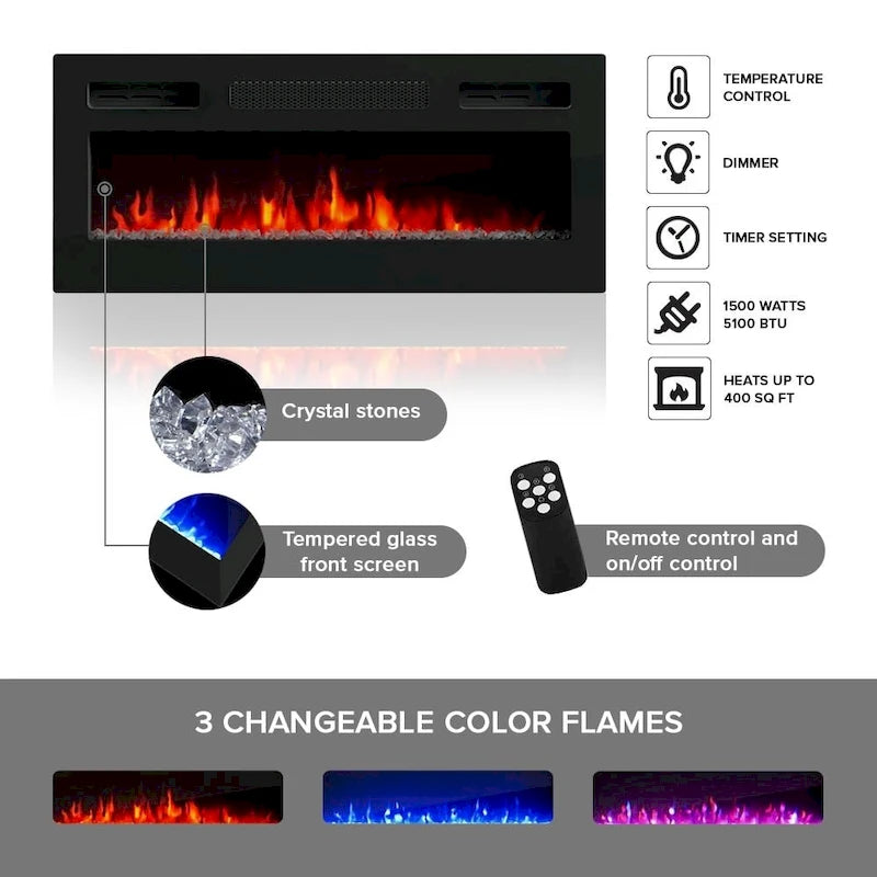 Meuble TV pour cheminée électrique de 160 cm pour téléviseurs jusqu'à 70" avec 3 couleurs de flamme
