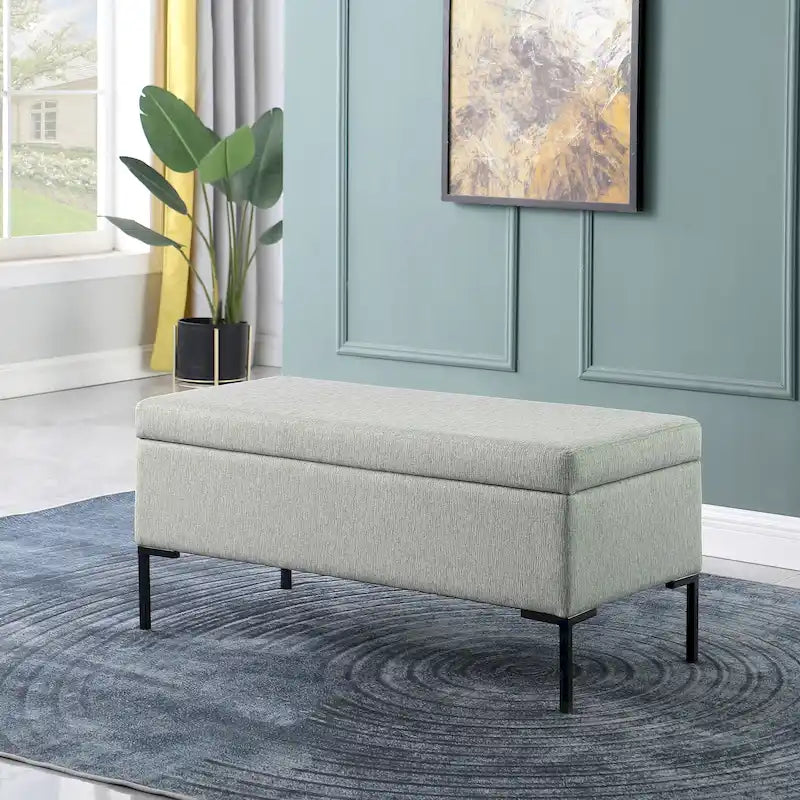 Banc de rangement en cuir végétalien avec pieds en métal noir mat