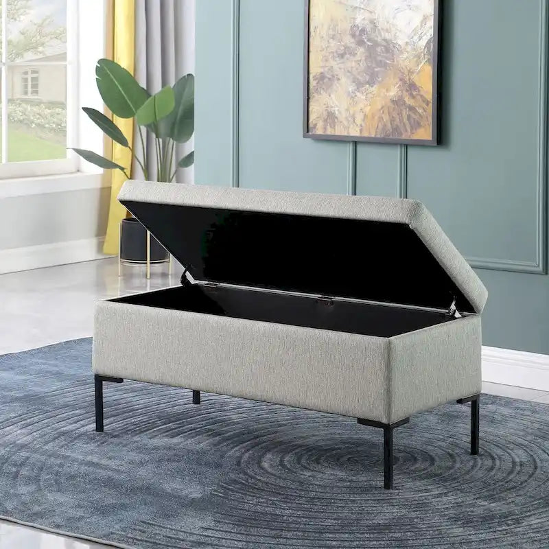 Banc de rangement en cuir végétalien avec pieds en métal noir mat
