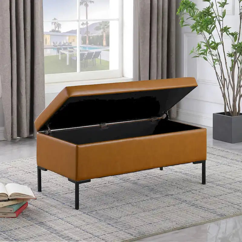 Banc de rangement en cuir végétalien avec pieds en métal noir mat