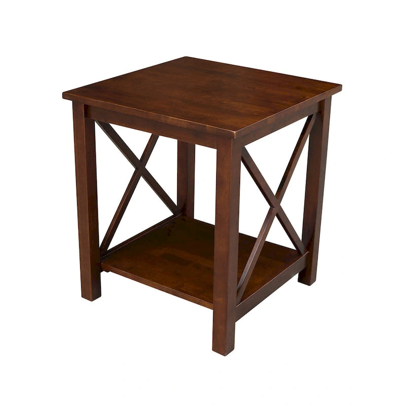 Table d'appoint en bois massif avec plateau en billot et étagère inférieure