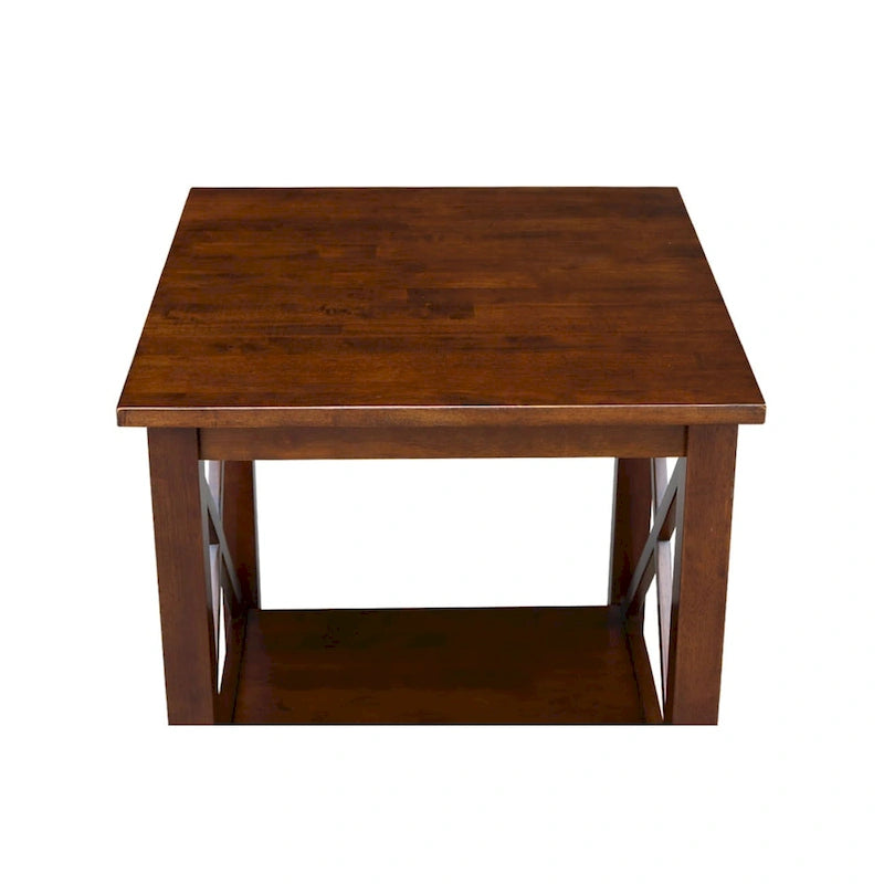 Table d'appoint en bois massif avec plateau en billot et étagère inférieure