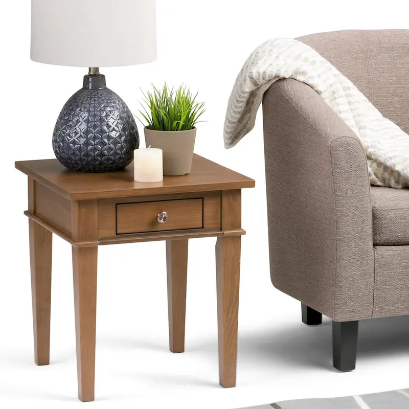 Table d'appoint carrée avec tiroir – Gris Ferme / Brun Selle / Brun Tabac