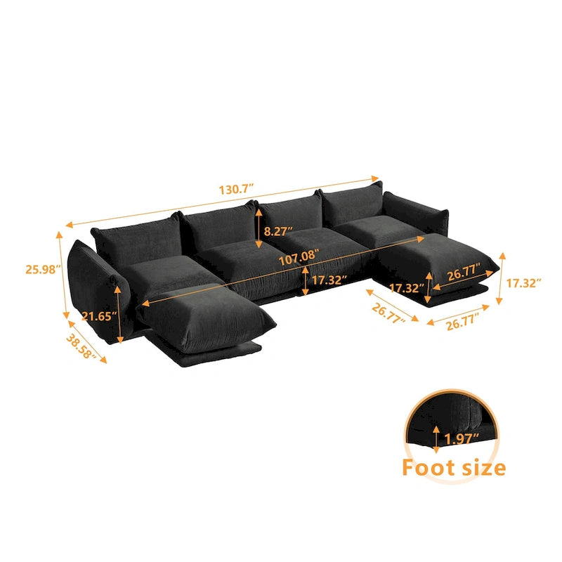 Canapé d'angle modulaire 4 places en forme de U en chenille avec 2 poufs