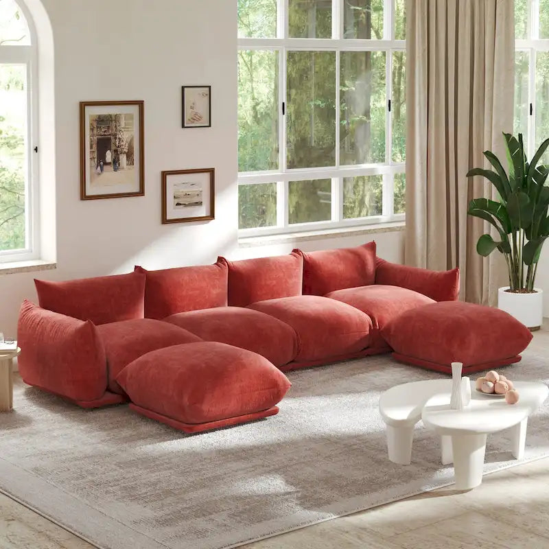 Canapé d'angle modulaire 4 places en forme de U en chenille avec 2 poufs
