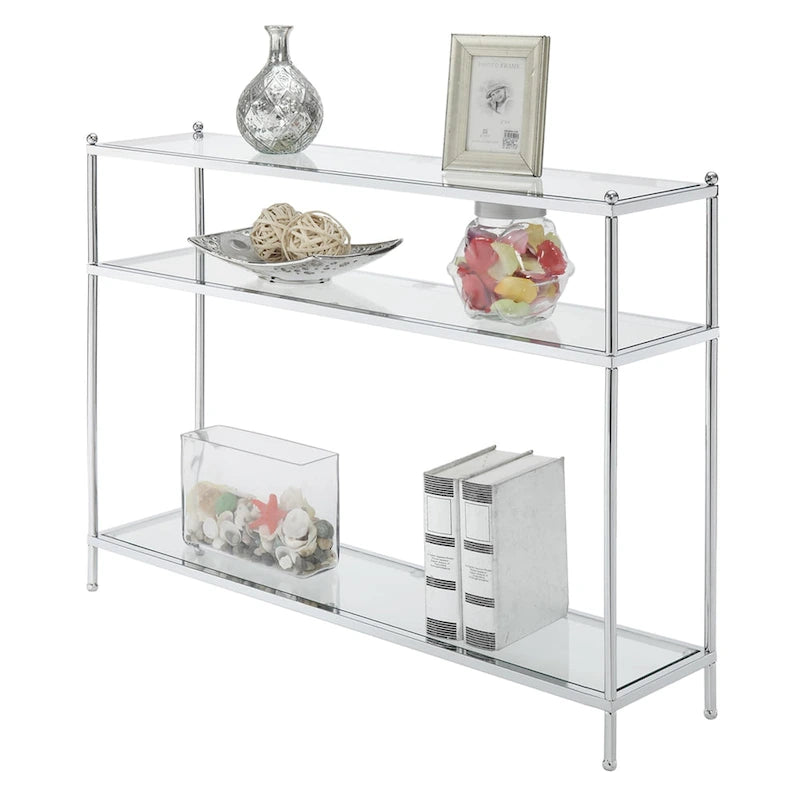 Console en verre trempé à 3 niveaux avec structure en métal chromé