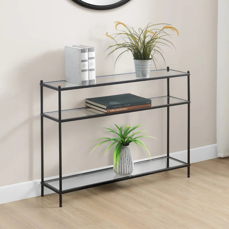Console en verre trempé à 3 niveaux avec structure en métal chromé