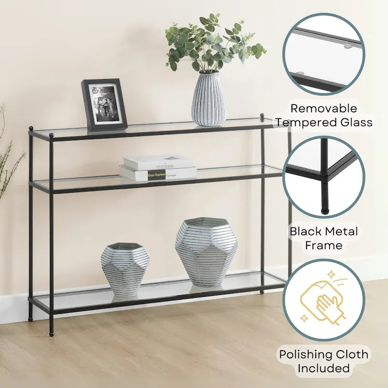 Console en verre trempé à 3 niveaux avec structure en métal chromé