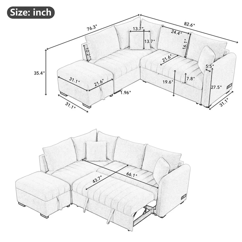 Canapé convertible d'angle de 209 cm avec ports USB et pouf de rangement