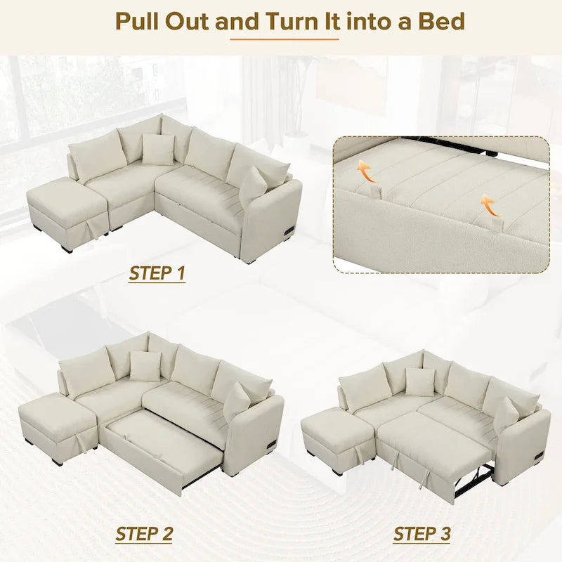 Canapé convertible d'angle de 209 cm avec ports USB et pouf de rangement