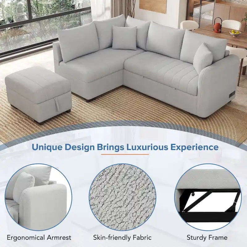 Canapé convertible d'angle de 209 cm avec ports USB et pouf de rangement