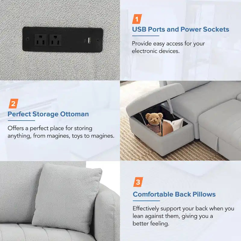 Canapé convertible d'angle de 209 cm avec ports USB et pouf de rangement