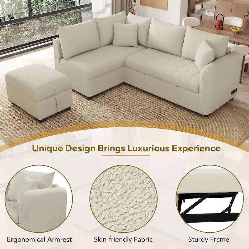 Canapé convertible d'angle de 209 cm avec ports USB et pouf de rangement