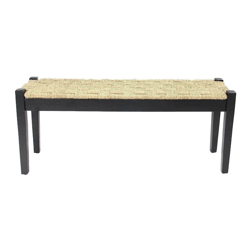 Banc d'intérieur 117 cm en bois massif et jonc de mer naturel, avec pieds fuselés
