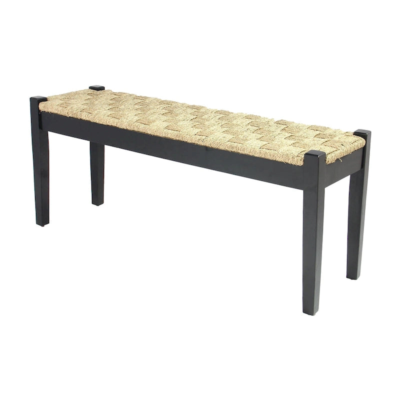 Banc d'intérieur 117 cm en bois massif et jonc de mer naturel, avec pieds fuselés