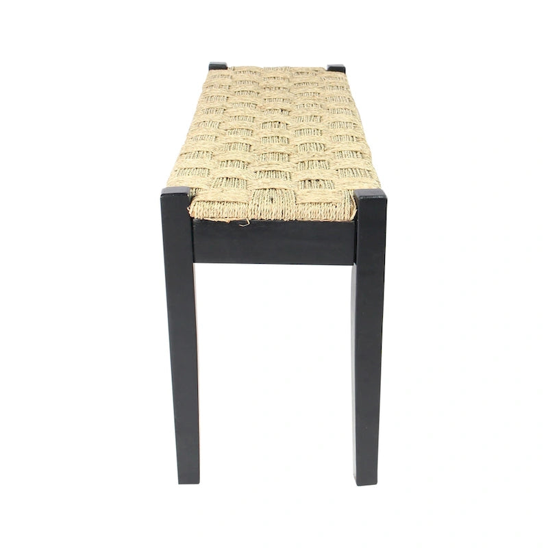 Banc d'intérieur 117 cm en bois massif et jonc de mer naturel, avec pieds fuselés
