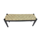 Banc d'intérieur 117 cm en bois massif et jonc de mer naturel, avec pieds fuselés