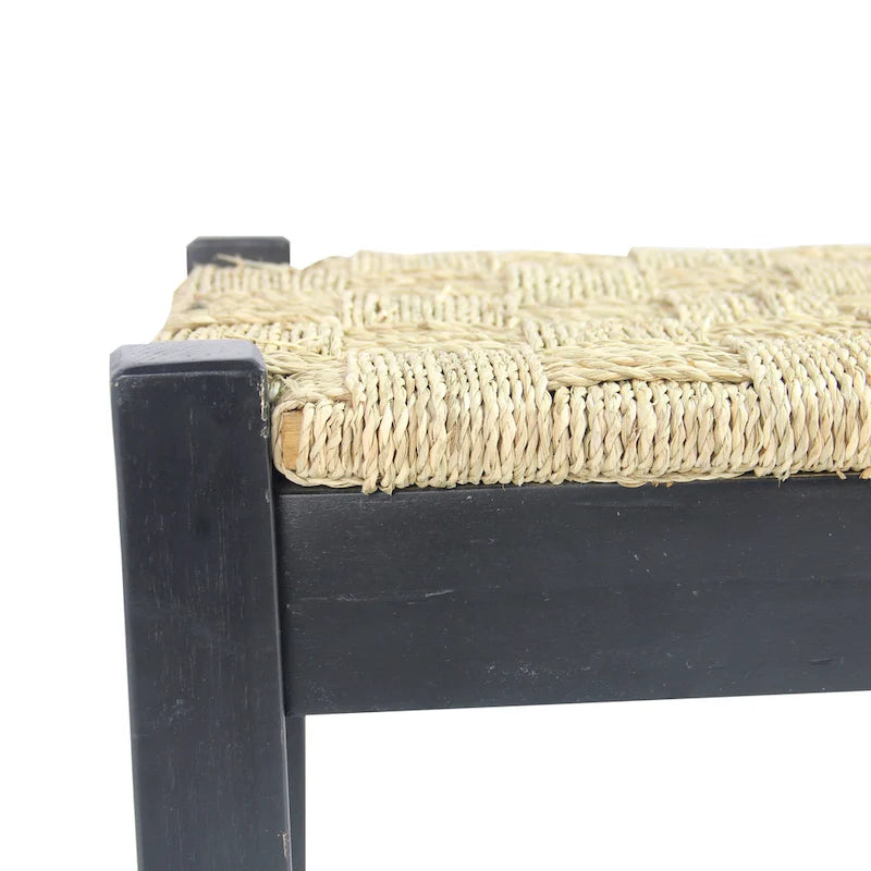 Banc d'intérieur 117 cm en bois massif et jonc de mer naturel, avec pieds fuselés