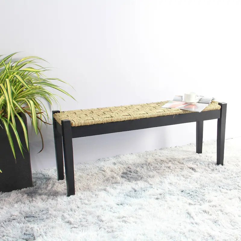 Banc d'intérieur 117 cm en bois massif et jonc de mer naturel, avec pieds fuselés